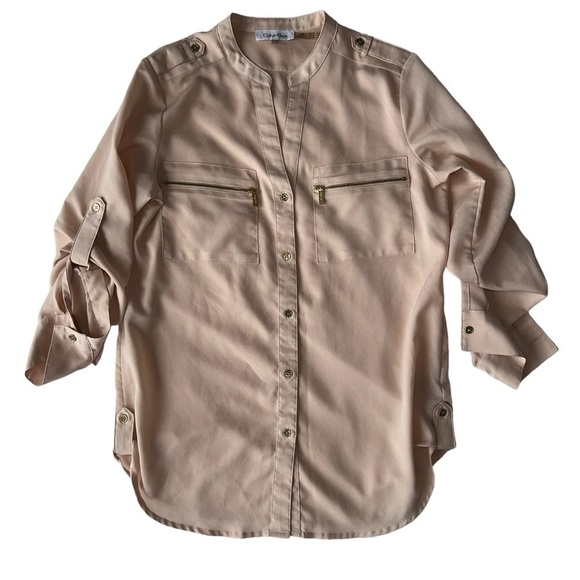 CALVIN KLEIN TUNIC V-NECK  NUDE PINK SATIN BUTTON-UP BLOUSE - SIZE US XS - Picture 1 of 11